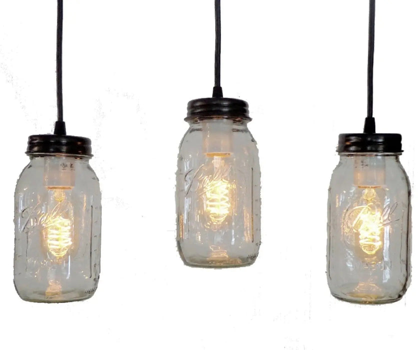 Mason Jar CHANDELIER Pendant Trio Rectangular with NEW Quart - Sweatfully