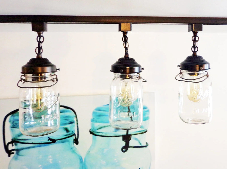 Rustic Mason Jar TRACK LIGHT Chain Trio of Vintage Quarts - Sweatfully
