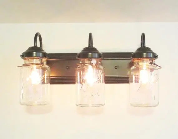 Rustic Vintage Mason Jar BATHROOM Light Trio - Sweatfully