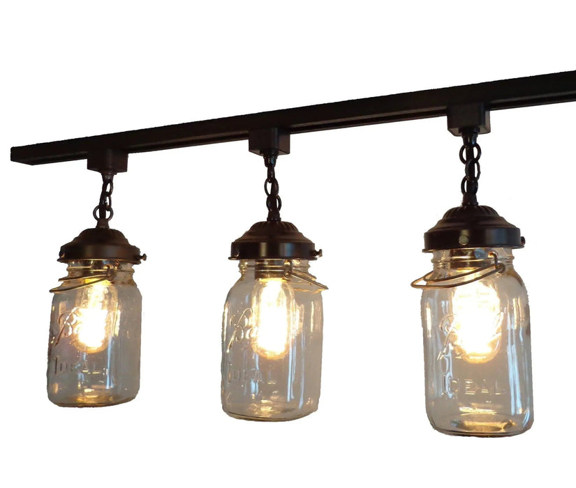 Rustic Mason Jar TRACK LIGHT Chain Trio of Vintage Quarts - Sweatfully