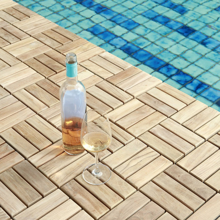 Coastal Natural Teak Outdoor Interlocking Tiles, 12 Slat (10 sq ft) - Sweatfully