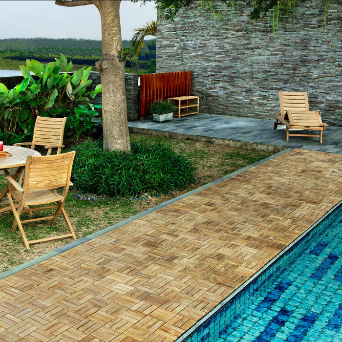 Coastal Natural Teak Outdoor Interlocking Tiles, 12 Slat (10 sq ft) - Sweatfully