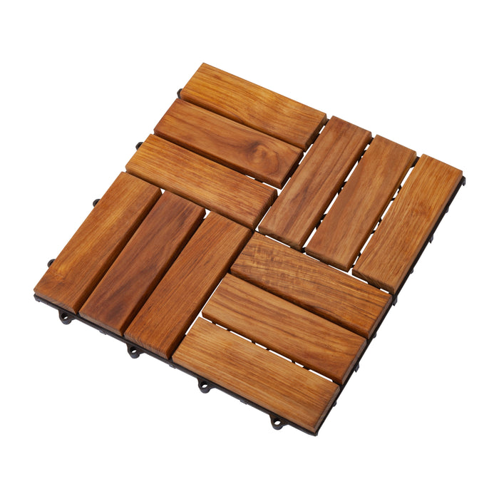 Coastal Oiled Teak Outdoor Interlocking Tiles, 12 Slat (10 sq ft) - Sweatfully