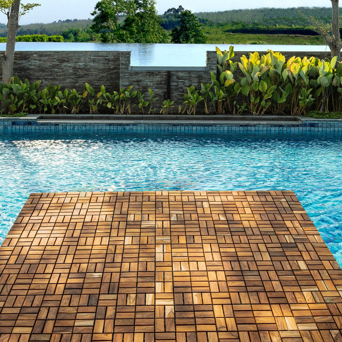 Calgary Oiled Teak Outdoor Interlocking Tiles, 18 Slat (10 sq ft) - Sweatfully