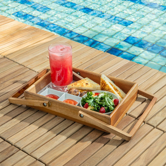 Denali Natural Teak Outdoor Interlocking Tiles, 9 Slat (10 sq ft) - Sweatfully