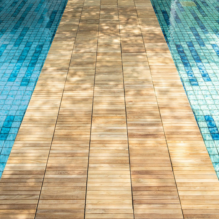 Denali Natural Teak Outdoor Interlocking Tiles, 9 Slat (10 sq ft) - Sweatfully