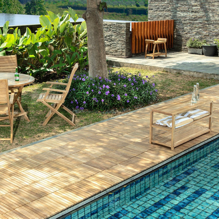Denali Natural Teak Outdoor Interlocking Tiles, 9 Slat (10 sq ft) - Sweatfully