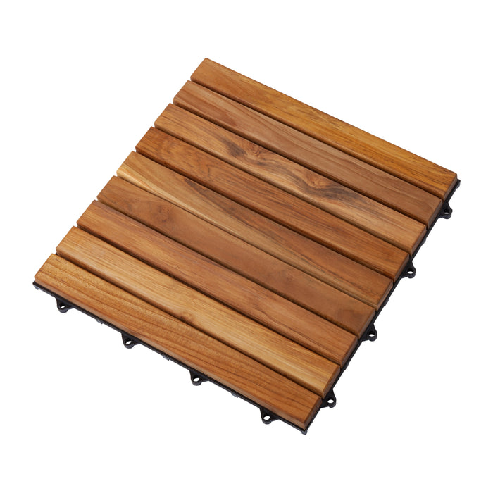 Denali Oiled Teak Outdoor Interlocking Tiles, 9 Slat (10 sq ft) - Sweatfully