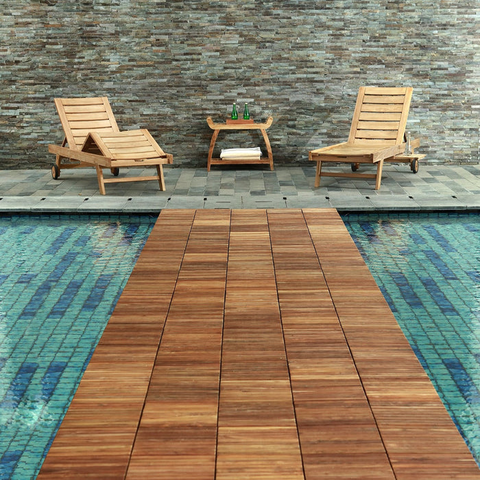 Denali Oiled Teak Outdoor Interlocking Tiles, 9 Slat (10 sq ft) - Sweatfully