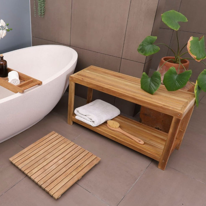 Bali Natural Teak Shower and Bath Spa Bench with Shelf - 35" - Sweatfully