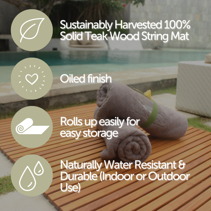 Spokane Extra Large Oiled Teak Shower and Bath String Mat with Rubber Footing 59″ x 35″ - Sweatfully