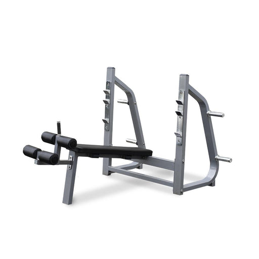 Olympic Decline Bench - Muscle D Fitness - 11 Gauge Steel - Commercial Upholstery - Weight Storage Pegs - Sweatfully