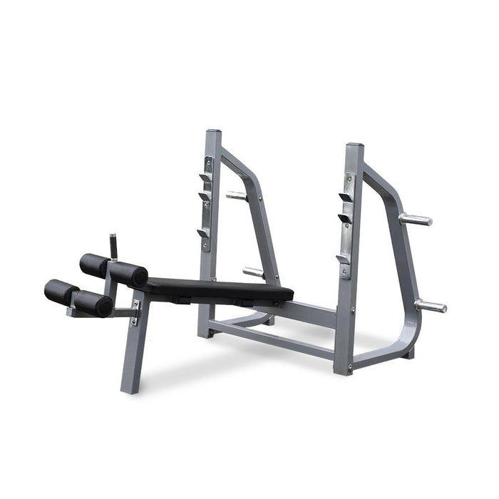 Olympic Decline Bench - Muscle D Fitness - 11 Gauge Steel - Commercial Upholstery - Weight Storage Pegs - Sweatfully