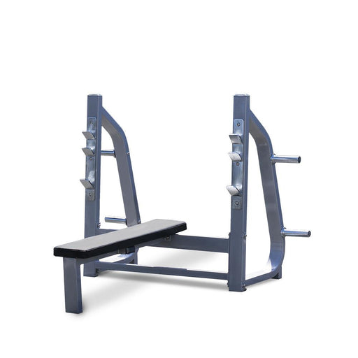 Olympic Flat Bench - Muscle D Fitness - 11 Gauge Steel - Commercial Upholstery - Weight Storage Pegs - Sweatfully