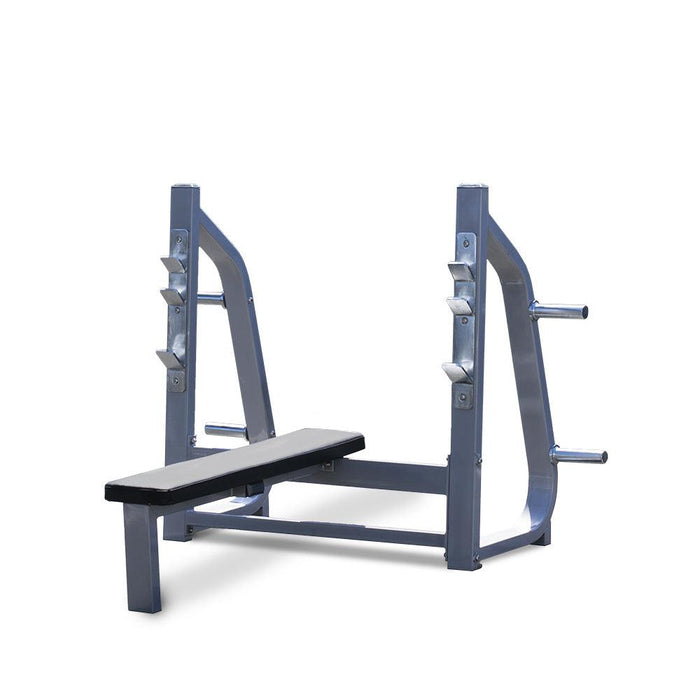 Olympic Flat Bench - Muscle D Fitness - 11 Gauge Steel - Commercial Upholstery - Weight Storage Pegs - Sweatfully