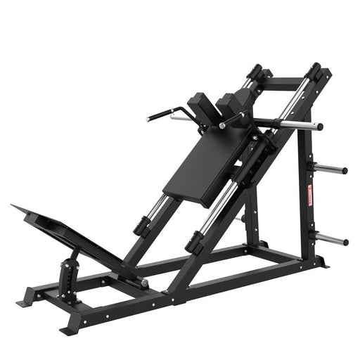 Excel Open Linear Bearing Hack Squat - Muscle D Fitness - Plate Load Squat Machine - Plate Storage Pegs - Adjustable Foot Plate - Sweatfully