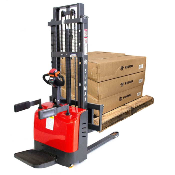 SUNMAX PS3300FE-3M Electric Pallet Stacker | 3300 lbs Capacity, 118″ Lifting Height & Advanced Safety - Sweatfully