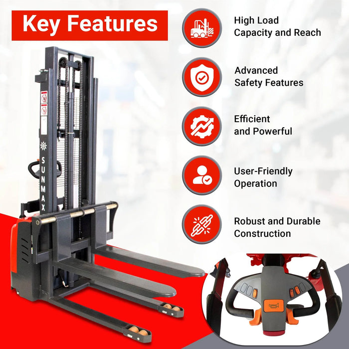 SUNMAX PS3300FE-3M Electric Pallet Stacker | 3300 lbs Capacity, 118″ Lifting Height & Advanced Safety - Sweatfully