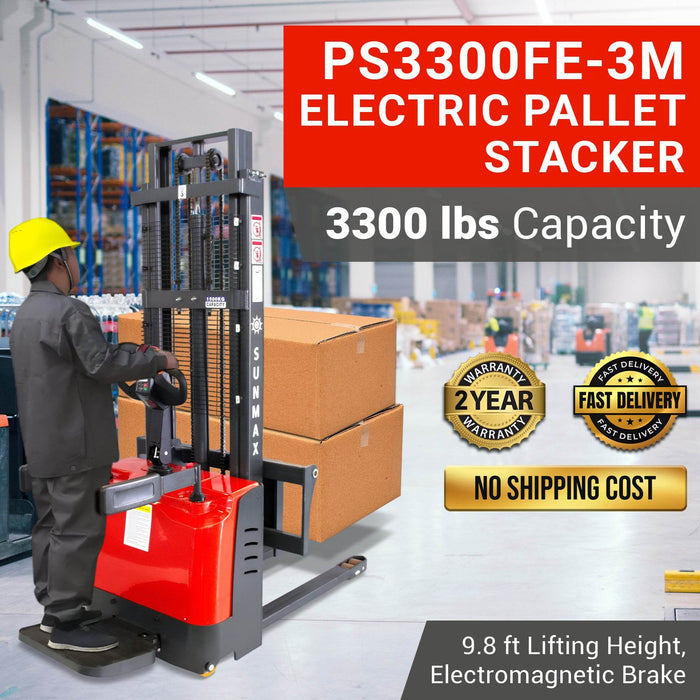 SUNMAX PS3300FE-3M Electric Pallet Stacker | 3300 lbs Capacity, 118″ Lifting Height & Advanced Safety - Sweatfully