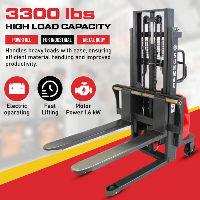 SUNMAX PS3300SE-2M Semi-Electric Pallet Stacker, 3300 lbs Capacity, 78" Lifting Height - Sweatfully