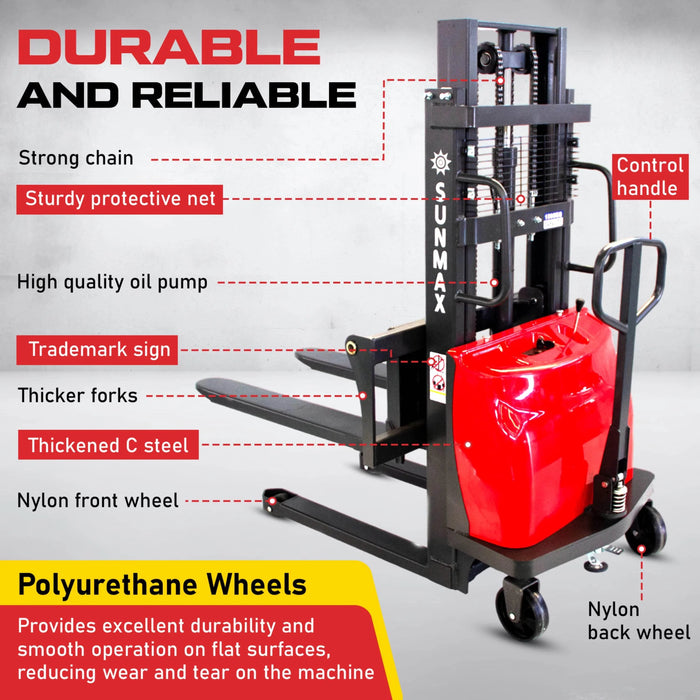SUNMAX PS3300SE-2M Semi-Electric Pallet Stacker, 3300 lbs Capacity, 78" Lifting Height - Sweatfully