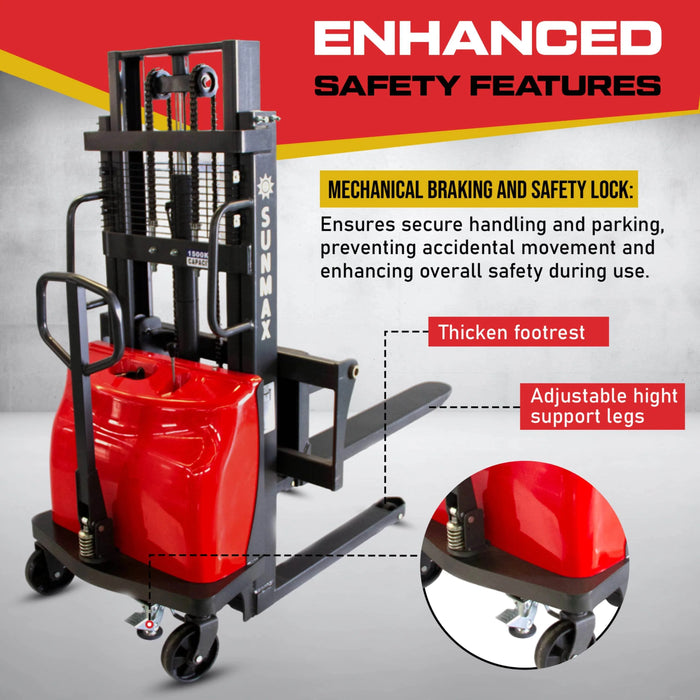 SUNMAX PS3300SE-2M Semi-Electric Pallet Stacker, 3300 lbs Capacity, 78" Lifting Height - Sweatfully
