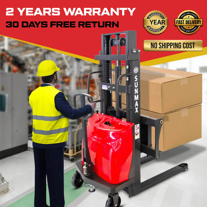SUNMAX PS3300SE-2M Semi-Electric Pallet Stacker, 3300 lbs Capacity, 78" Lifting Height - Sweatfully