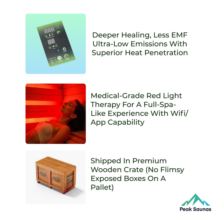 Peak Saunas Fuji 2-Person Indoor Full Spectrum Infrared Sauna with XL Medical-Grade Red Light Therapy & Smart WiFi App Control - Sweatfully