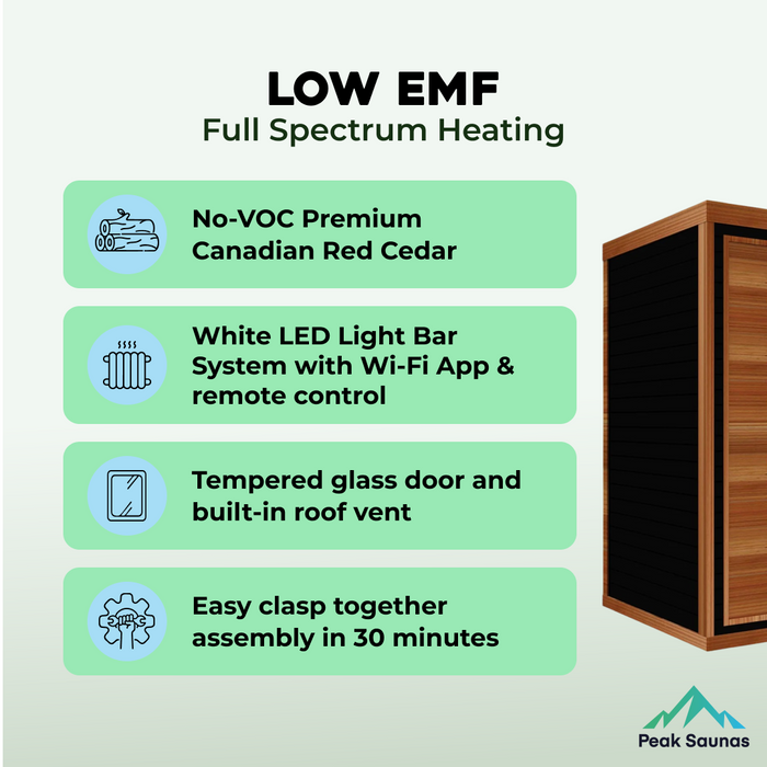 Peak Saunas Fuji 2-Person Indoor Full Spectrum Infrared Sauna with XL Medical-Grade Red Light Therapy & Smart WiFi App Control - Sweatfully