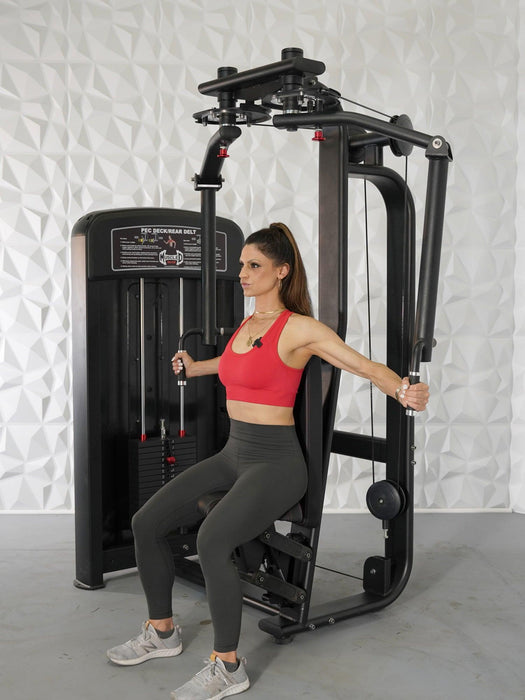 Elite Selectorized Pec Deck/Rear Delt - Muscle D Fitness - Commercial - Adjustable Seat - Pin Selectorized  Chest / Back Combo - Sweatfully
