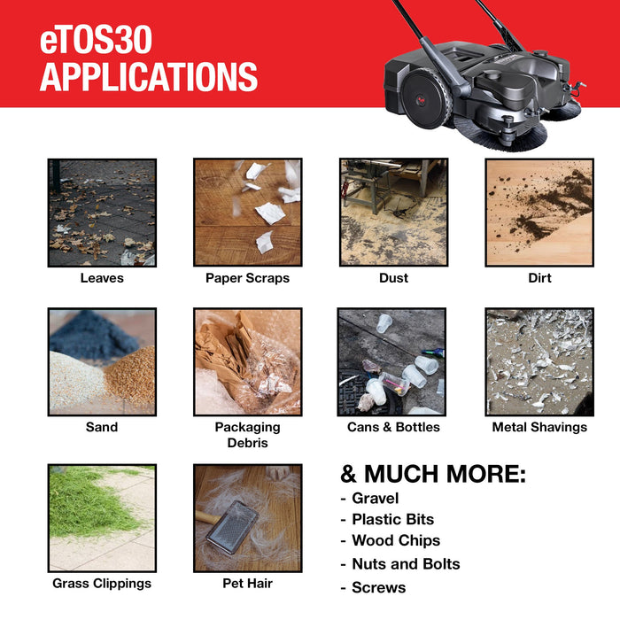 30" Battery Powered Push Sweeper with Triple Power Brooms Electric Drive and Dust Suppression - Sweatfully