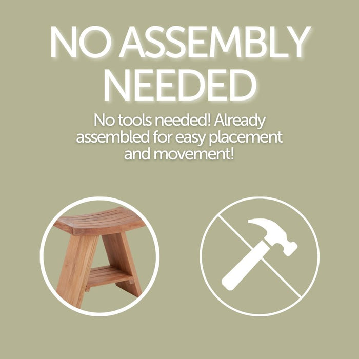 Siena Natural Teak Shower and Bath Stool with Curved Seat and Shelf - Sweatfully