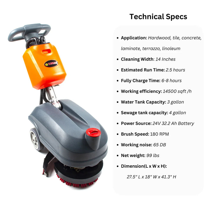 RT15 14" Commercial Compact Floor Scrubber Machine, 14500 sqft/h, 4-Gal Sewage Tank, Efficient Cleaning for Hard Floors - Sweatfully