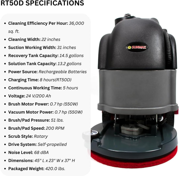 RT50D 22" Self-Propelled Commercial Floor Scrubber Machine - Sweatfully