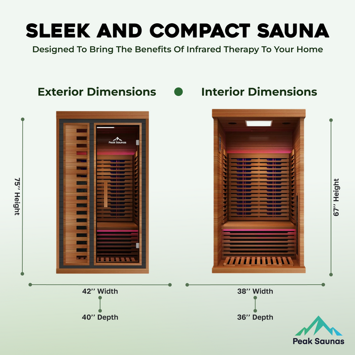 Peak Saunas Rainier 1-Person Indoor Full Spectrum Infrared Sauna with XL Medical-Grade Red Light Therapy & Smart WiFi App Control - Sweatfully
