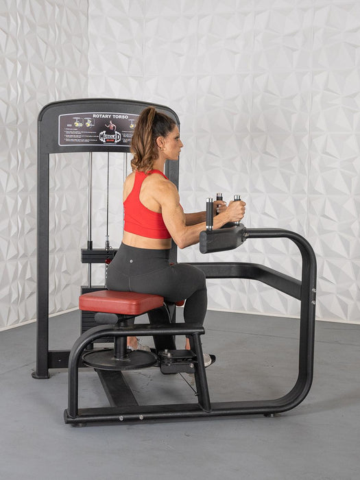 Elite Selectorized Rotary Torso - Muscle D Fitness - Commercial - Adjustable Seat - Pin Selectorized Stack - Oblique Trainer - Sweatfully