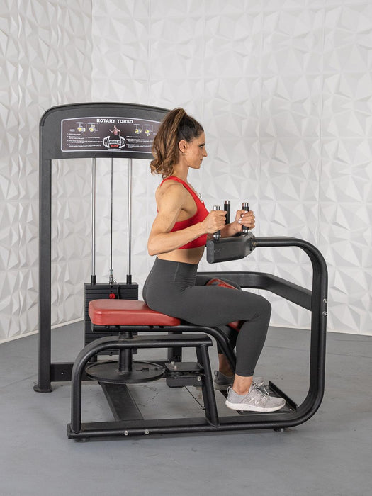 Elite Selectorized Rotary Torso - Muscle D Fitness - Commercial - Adjustable Seat - Pin Selectorized Stack - Oblique Trainer - Sweatfully