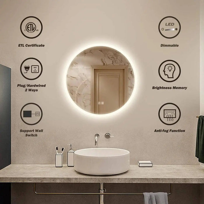 Round LED Bathroom Vanity Mirror With Dimmable Lights - Sweatfully