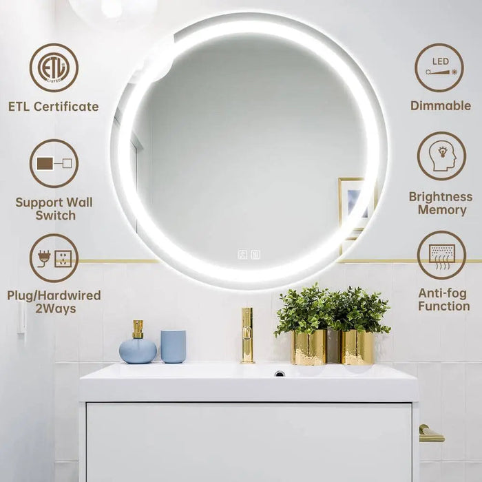 Round Led Mirror Bathroom Vanity Mirror With Dimmable Lights - Sweatfully