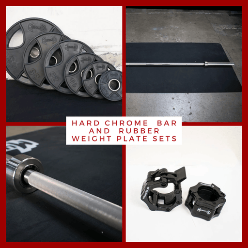 Hard Chrome Olympic Bar and Olympic Rubber Weight Plate Sets - Sweatfully