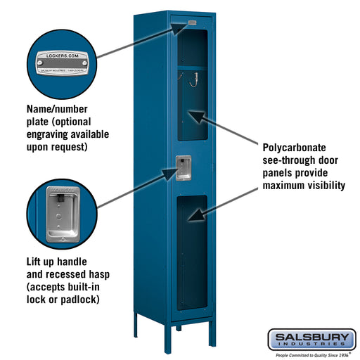 Salsbury 15" Wide Single Tier See-Through Metal Locker - 1 Wide - 6 Feet High - 15 Inches Deep - Blue - Assembled - Sweatfully