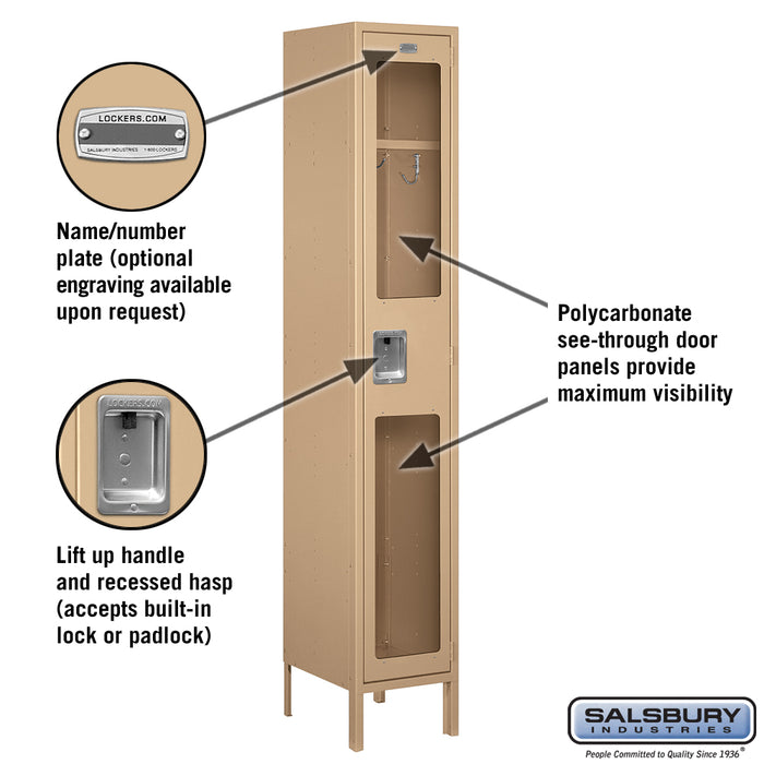 Salsbury 15" Wide Single Tier See-Through Metal Locker - 1 Wide - 6 Feet High - 15 Inches Deep - Tan - Unassembled - Sweatfully