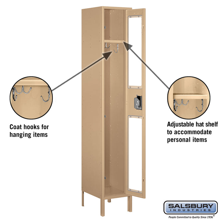 Salsbury 15" Wide Single Tier See-Through Metal Locker - 1 Wide - 6 Feet High - 15 Inches Deep - Tan - Unassembled - Sweatfully
