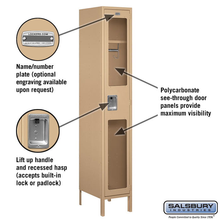 Salsbury 15" Wide Single Tier See-Through Metal Locker - 1 Wide - 6 Feet High - 18 Inches Deep - Tan - Assembled - Sweatfully