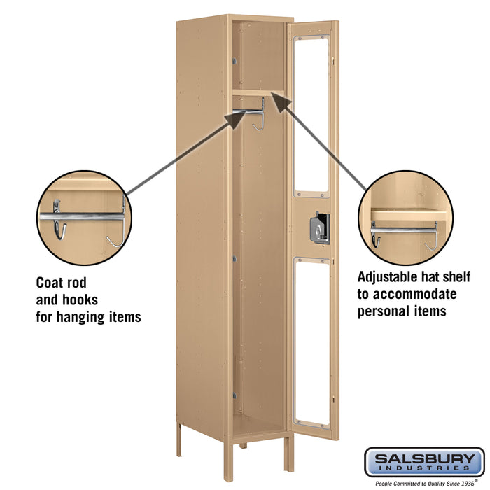 Salsbury 15" Wide Single Tier See-Through Metal Locker - 1 Wide - 6 Feet High - 18 Inches Deep - Tan - Unassembled - Sweatfully