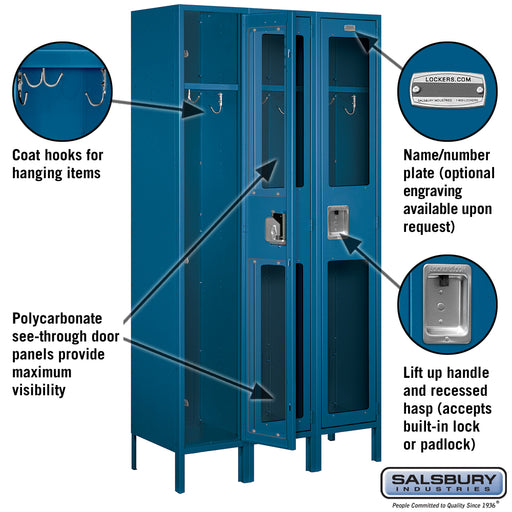 Salsbury 15" Wide Single Tier See-Through Metal Locker - 3 Wide - 6 Feet High - 15 Inches Deep - Blue - Assembled - Sweatfully