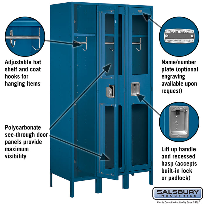 Salsbury 15" Wide Single Tier See-Through Metal Locker - 3 Wide - 6 Feet High - 18 Inches Deep - Blue - Assembled - Sweatfully