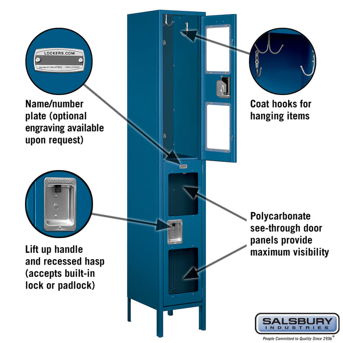 Salsbury 15" Wide Double Tier See-Through Metal Locker - 1 Wide - 6 Feet High - 15 Inches Deep - Blue - Unassembled - Sweatfully