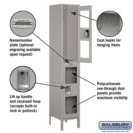 Salsbury 15" Wide Double Tier See-Through Metal Locker - 1 Wide - 6 Feet High - 15 Inches Deep - Gray - Unassembled - Sweatfully