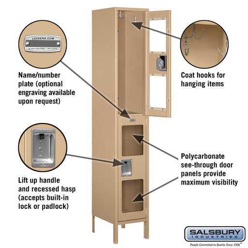 Salsbury 15" Wide Double Tier See-Through Metal Locker - 1 Wide - 6 Feet High - 15 Inches Deep - Tan - Unassembled - Sweatfully